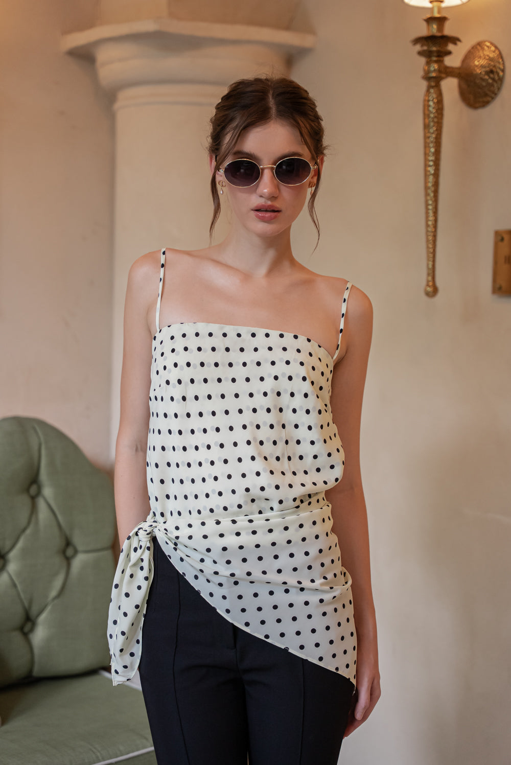 BELLINA Scarf Top Set (Cream Polkadot Silk)