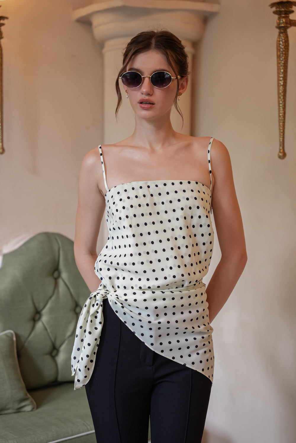 BELLINA Scarf Top Set (Cream Polkadot Silk)