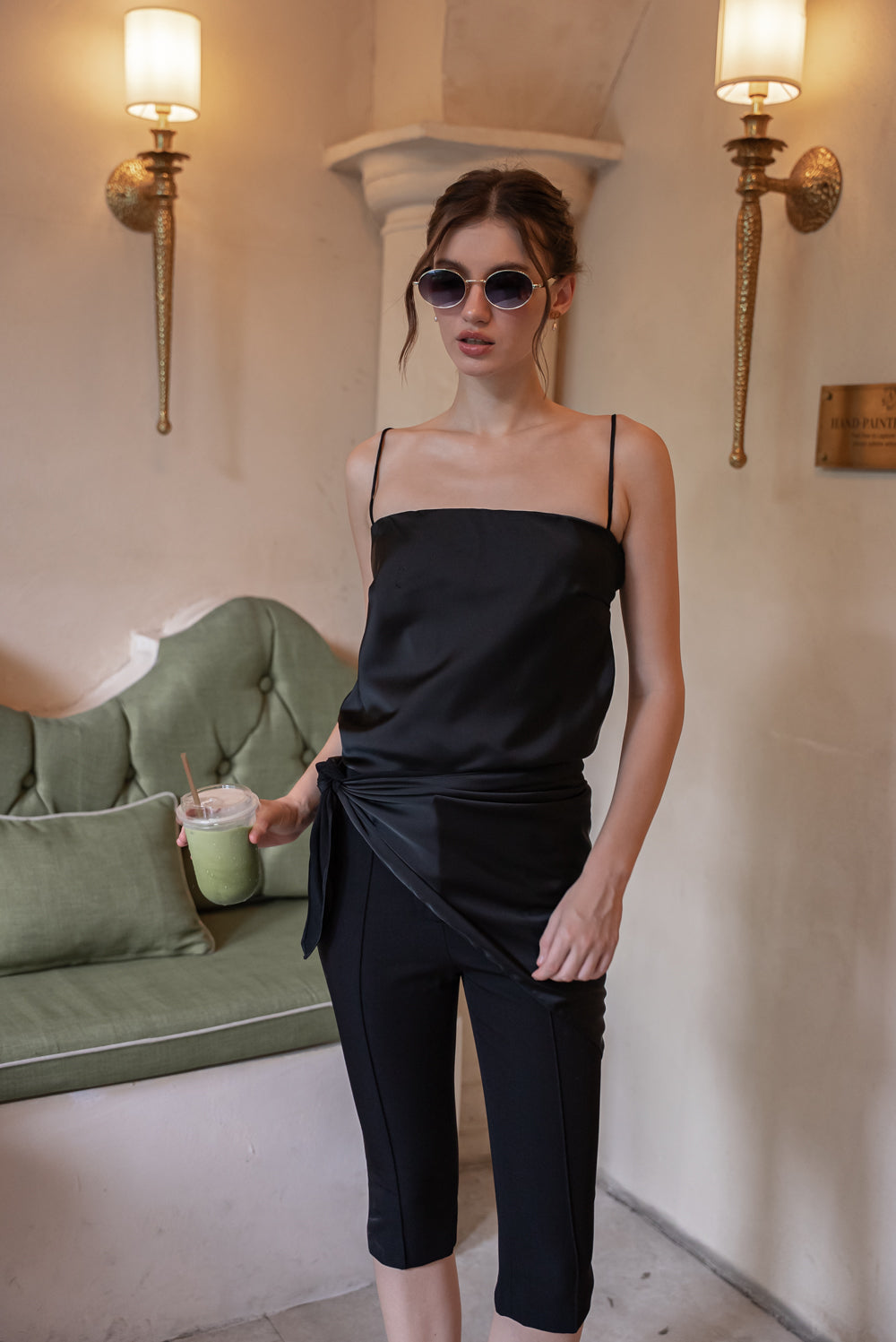 BELLINA Scarf Top Set (Black Korean Silk)