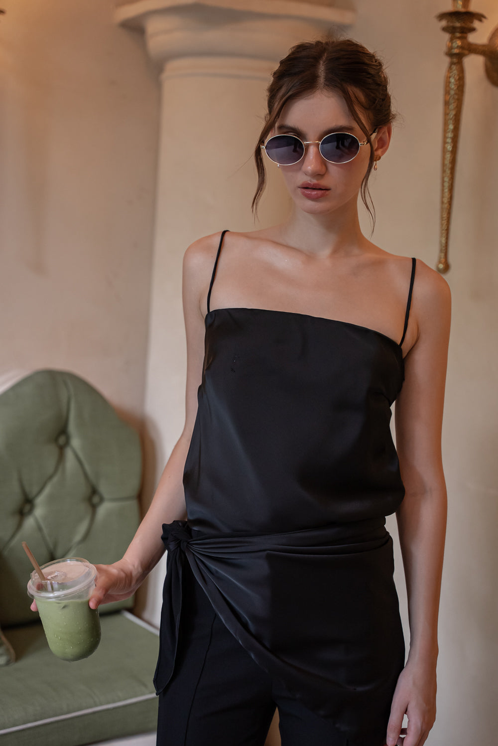 BELLINA Scarf Top Set (Black Korean Silk)