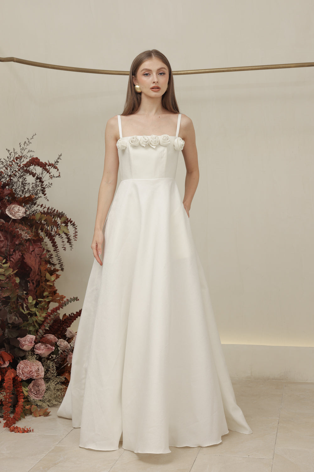 MARCELINE DRESS Straight Neckline Strappy Maxi Gown with Floral Details and Pockets (Ivory White Gazaar)