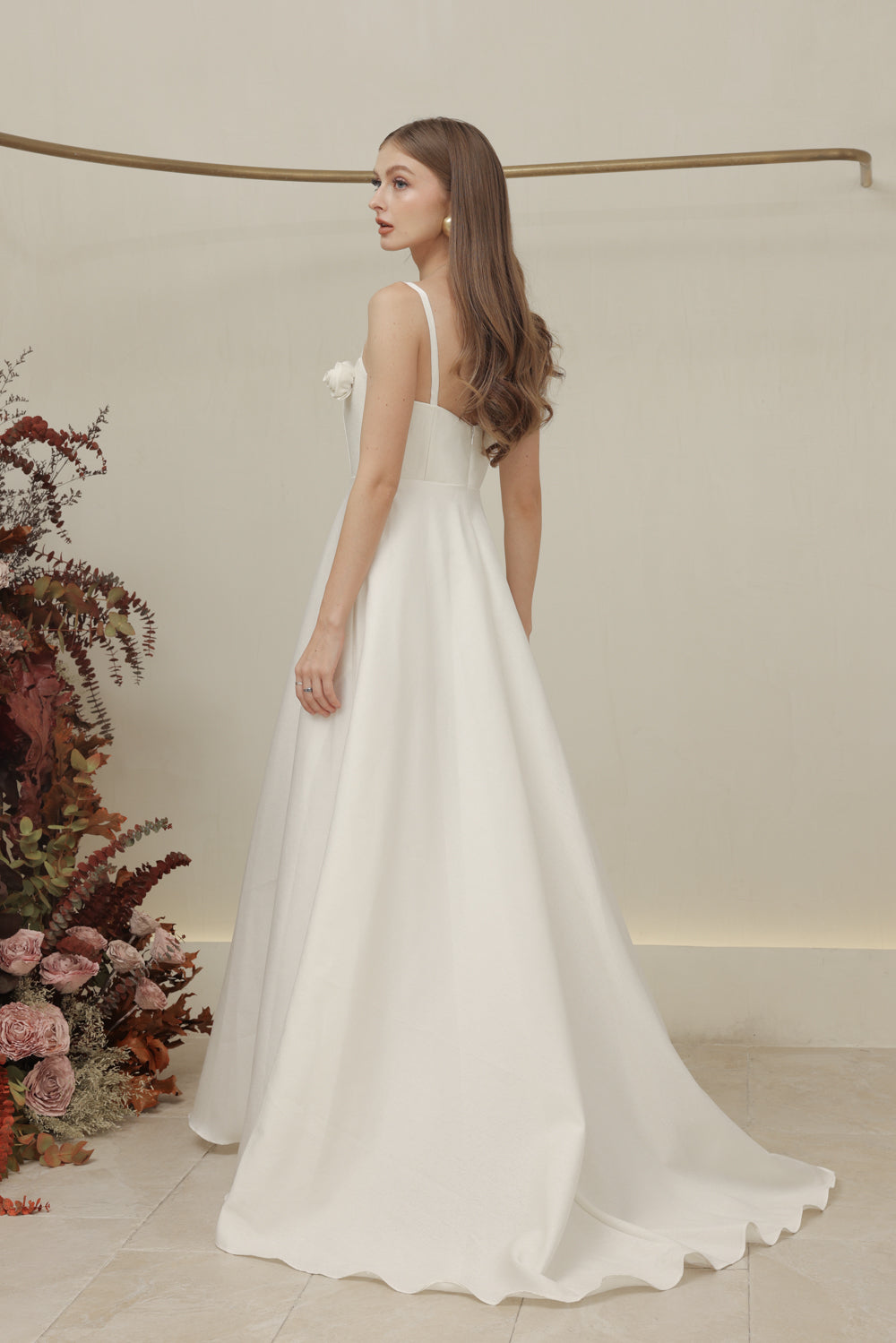 MARCELINE DRESS Straight Neckline Strappy Maxi Gown with Floral Details and Pockets (Ivory White Gazaar)