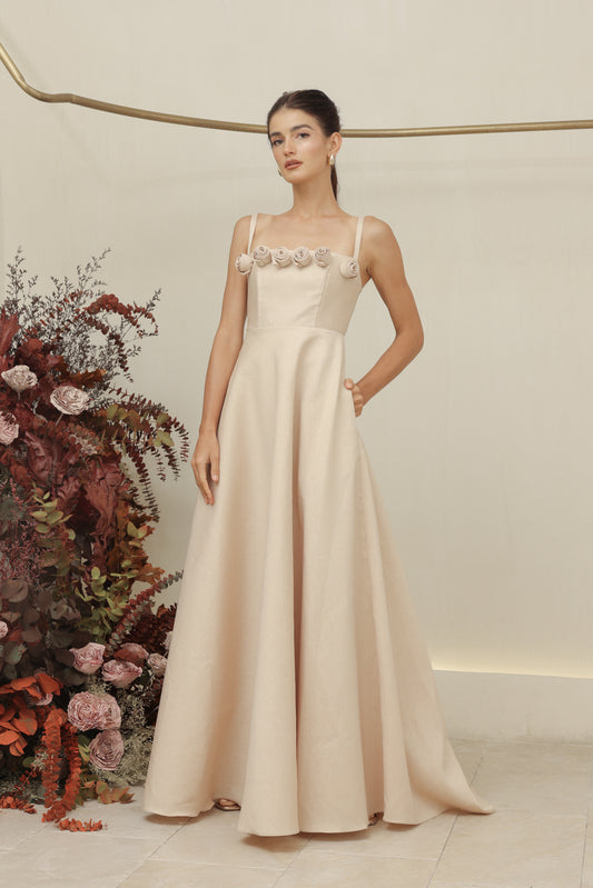 MARCELINE DRESS Straight Neckline Strappy Maxi Gown with Floral Details and Pockets (Nude Gazaar)