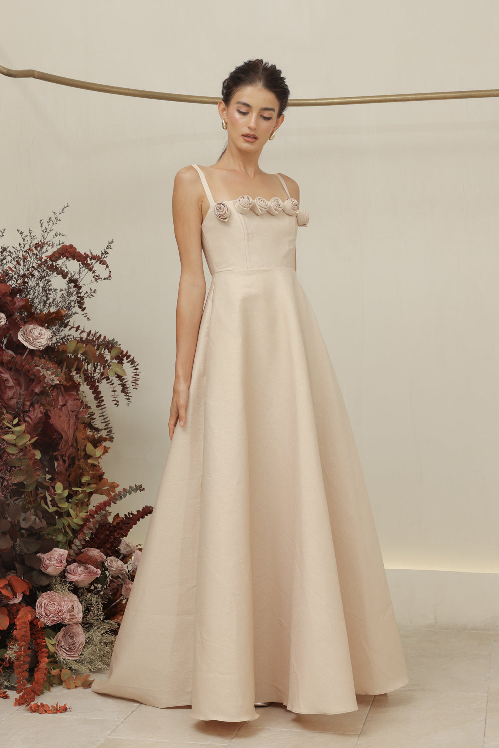 MARCELINE DRESS Straight Neckline Strappy Maxi Gown with Floral Details and Pockets Nude Gazaar