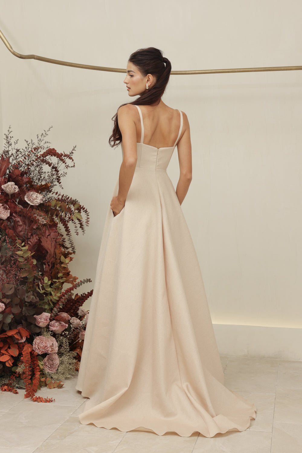 MARCELINE DRESS Straight Neckline Strappy Maxi Gown with Floral Details and Pockets (Nude Gazaar)