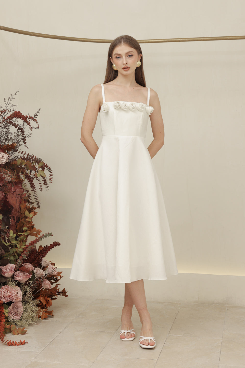 MORGANA DRESS Straight Neckline Strappy Midi Dress with Floral Details (Ivory White Gazaar)