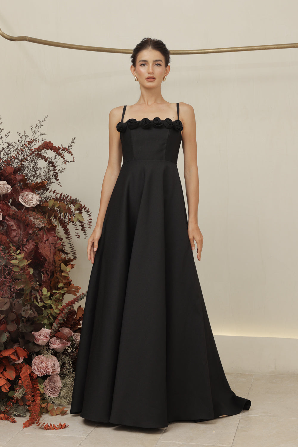 MARCELINE DRESS Straight Neckline Strappy Maxi Gown with Floral Details and Pockets (Black Gazaar)