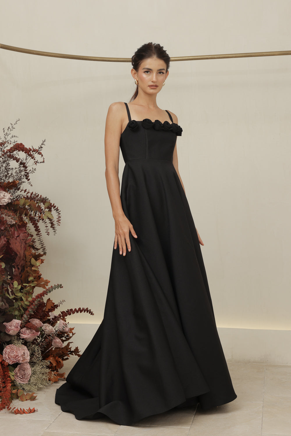 MARCELINE DRESS Straight Neckline Strappy Maxi Gown with Floral Details and Pockets (Black Gazaar)