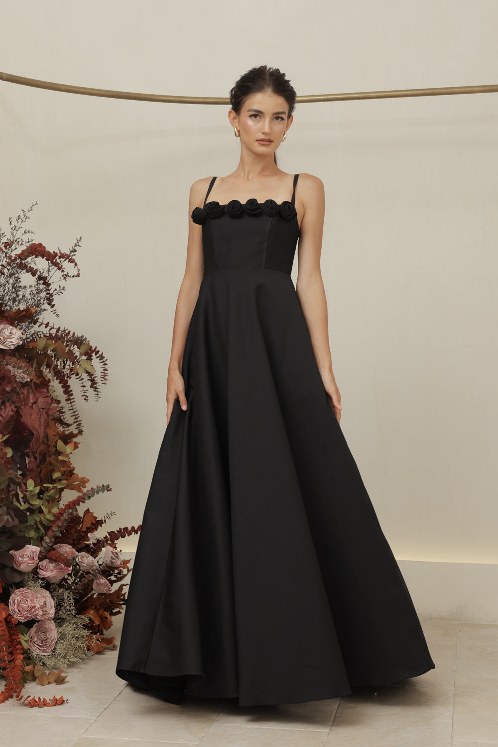 MARCELINE DRESS Straight Neckline Strappy Maxi Gown with Floral Details and Pockets (Black Gazaar)
