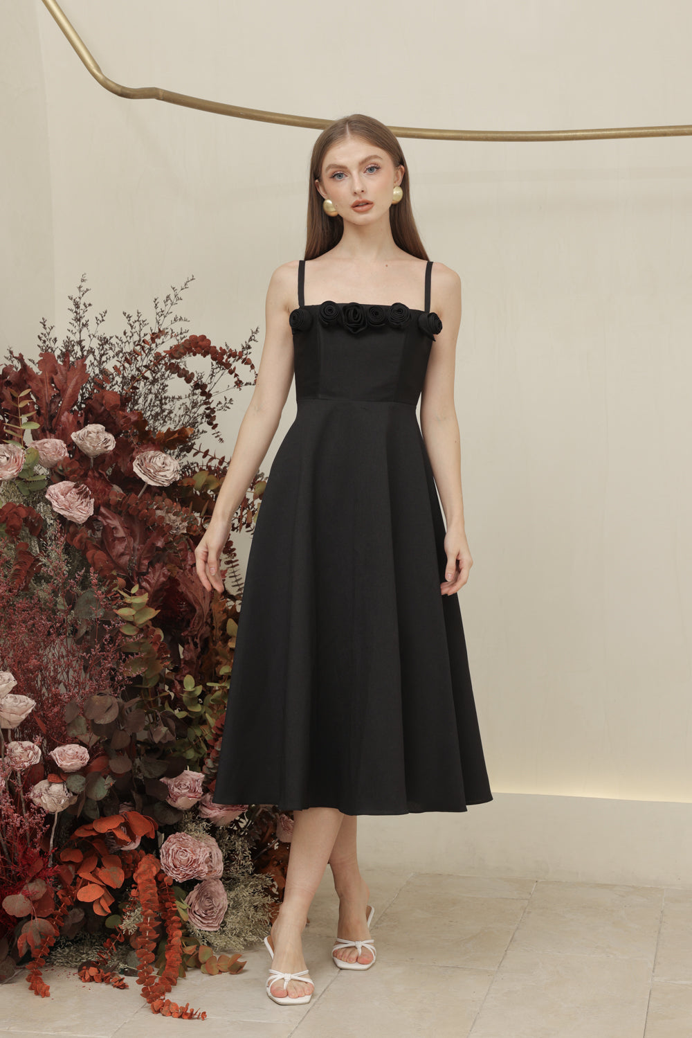 MORGANA DRESS Straight Neckline Strappy Midi Dress with Floral Details (Black Gazaar)