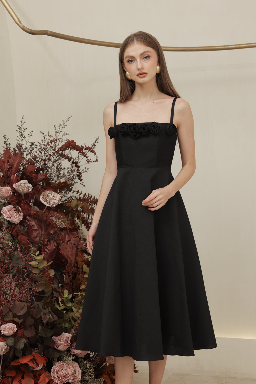MORGANA DRESS Straight Neckline Strappy Midi Dress with Floral Details (Black Gazaar)