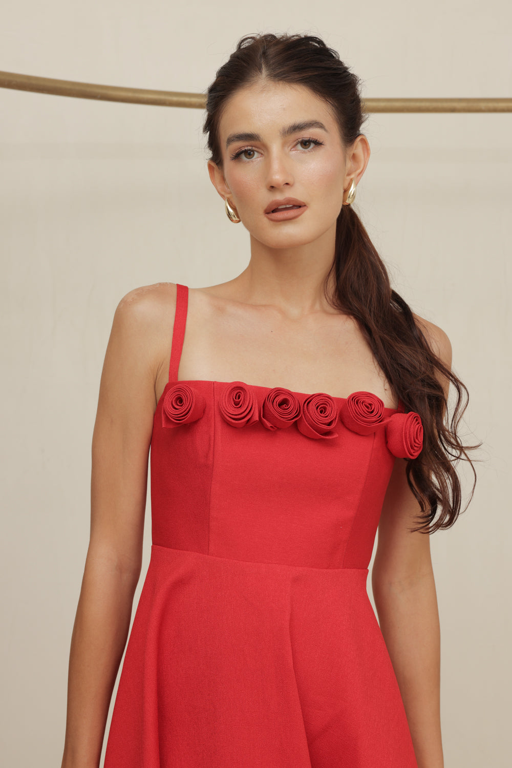 MORGANA DRESS Straight Neckline Strappy Midi Dress with Floral Details (Red Gazaar)