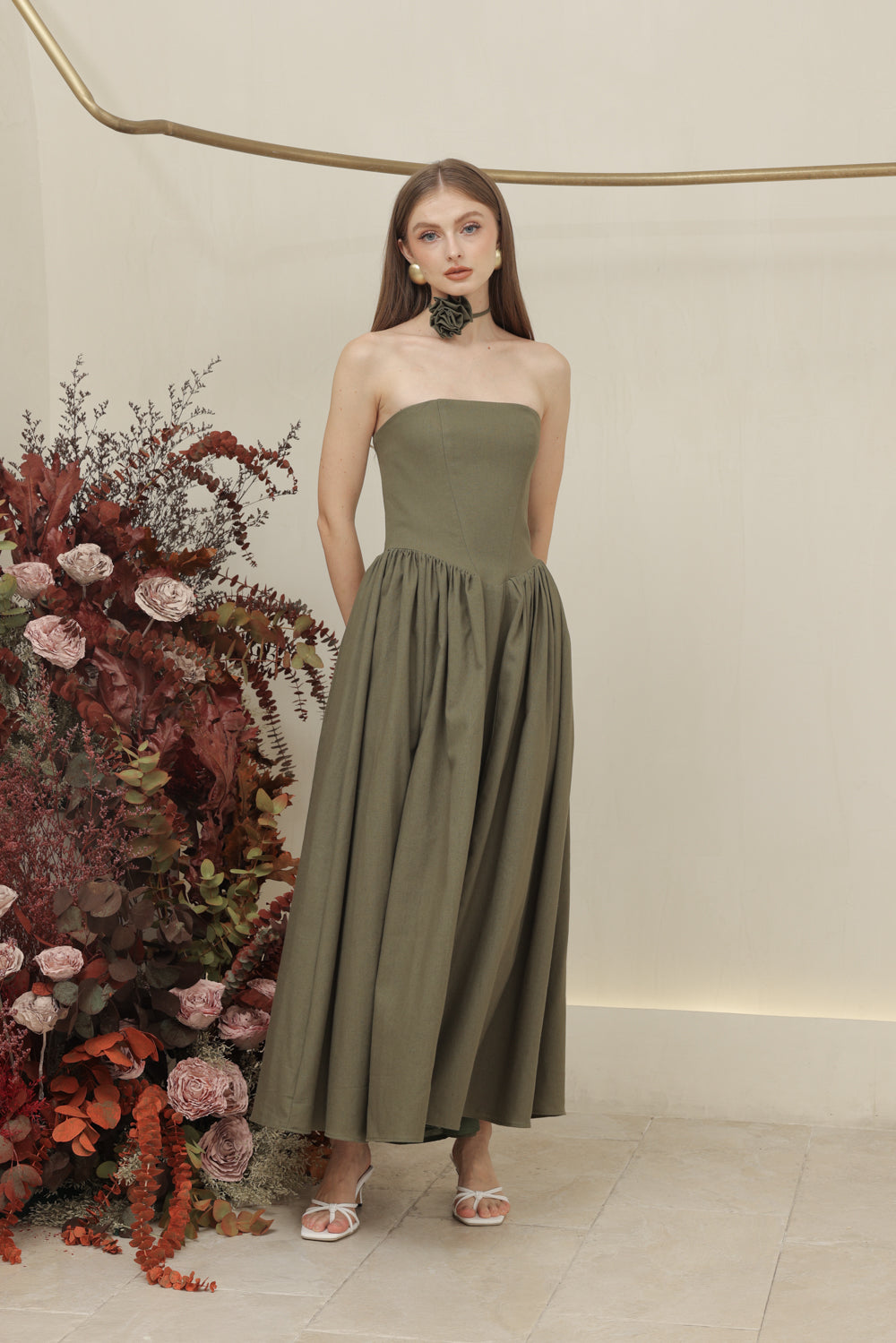 COCO DRESS Strapless Baroque Style Waist Midi Dress with Floral Neckpiece (Olive Linen)