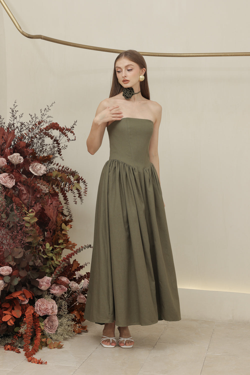 COCO DRESS Strapless Baroque Style Waist Midi Dress with Floral Neckpiece (Olive Linen)