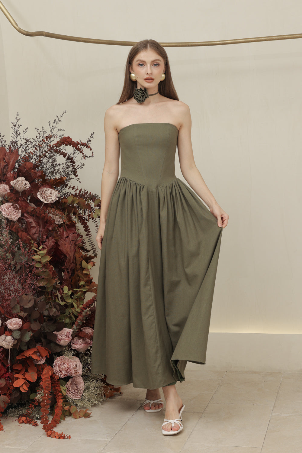 COCO DRESS Strapless Baroque Style Waist Midi Dress with Floral Neckpiece (Olive Linen)