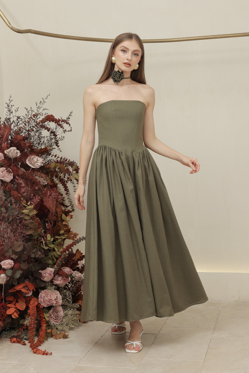 COCO DRESS Strapless Baroque Style Waist Midi Dress with Floral Neckpiece (Olive Linen)