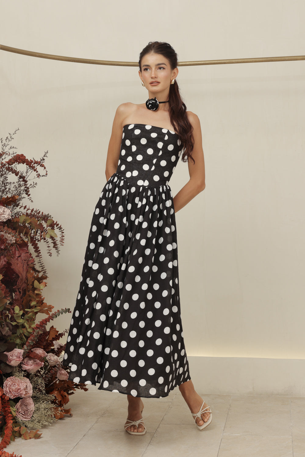 COCO DRESS Strapless Baroque Style Waist Midi Dress with Floral Neckpiece (Black Polkadot)