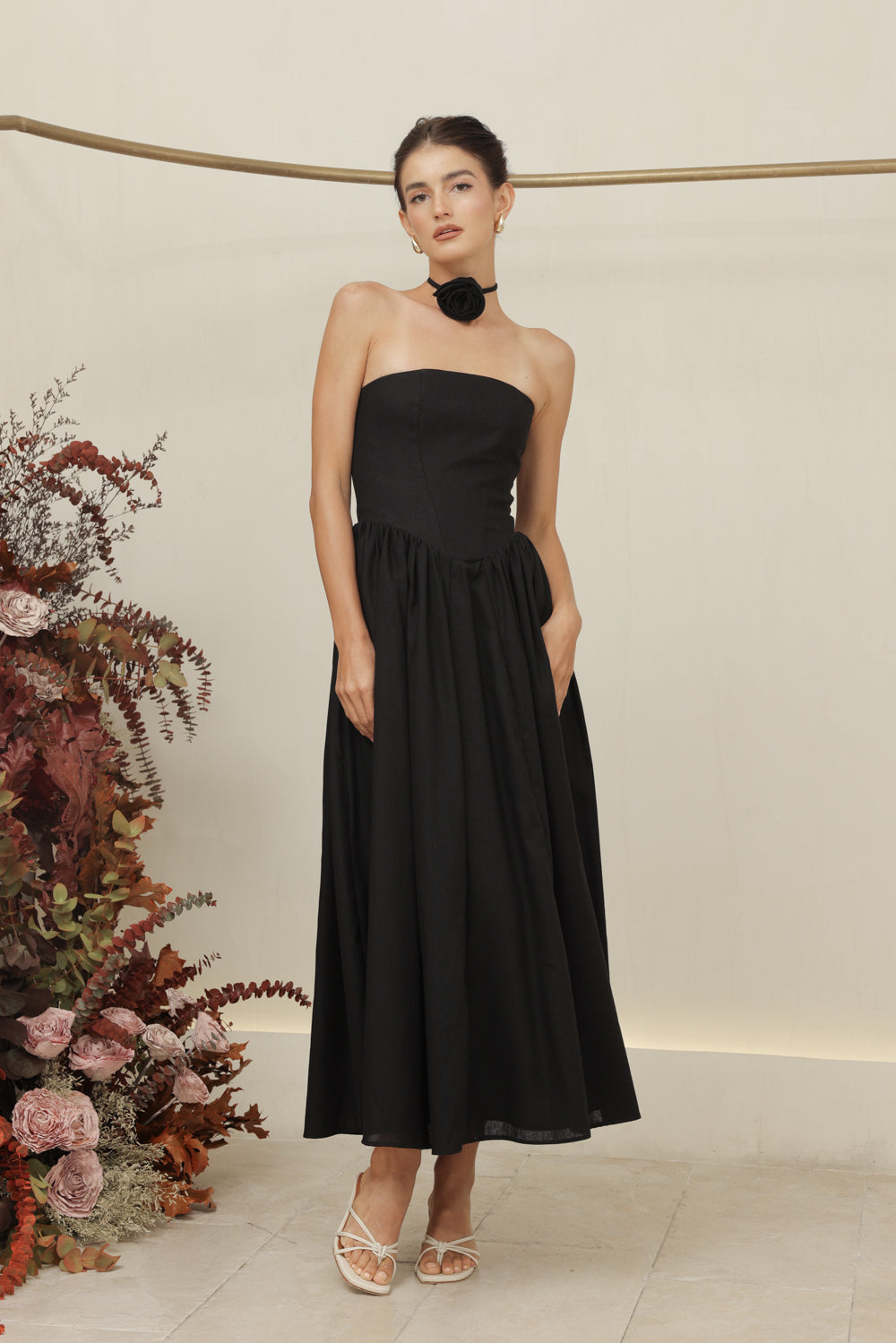 COCO DRESS Strapless Baroque Style Waist Midi Dress with Floral Neckpiece (Black Linen)