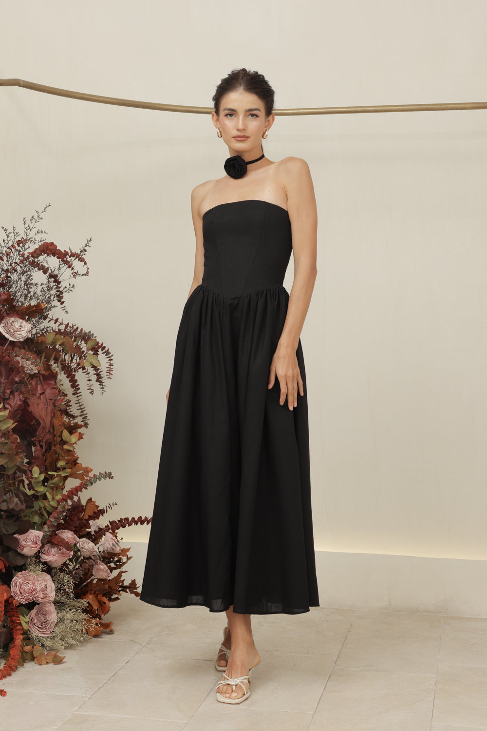 COCO DRESS Strapless Baroque Style Waist Midi Dress with Floral Neckpiece (Black Linen)