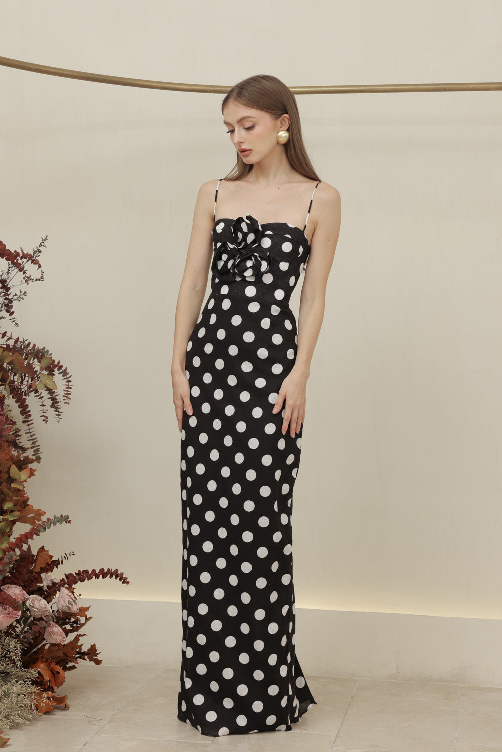 JULIETTE DRESS Strappy Pencil Skirt Maxi with Trio Floral Detail (Black Polkadot)