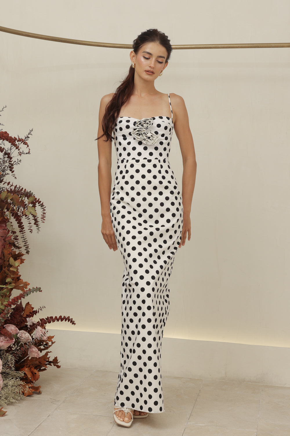 JULIETTE DRESS Strappy Pencil Skirt Maxi with Trio Floral Detail (White Polkadot)