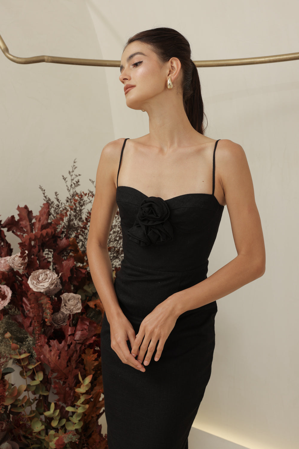 JULIETTE DRESS Strappy Pencil Skirt Maxi with Trio Floral Detail (Black Linen)