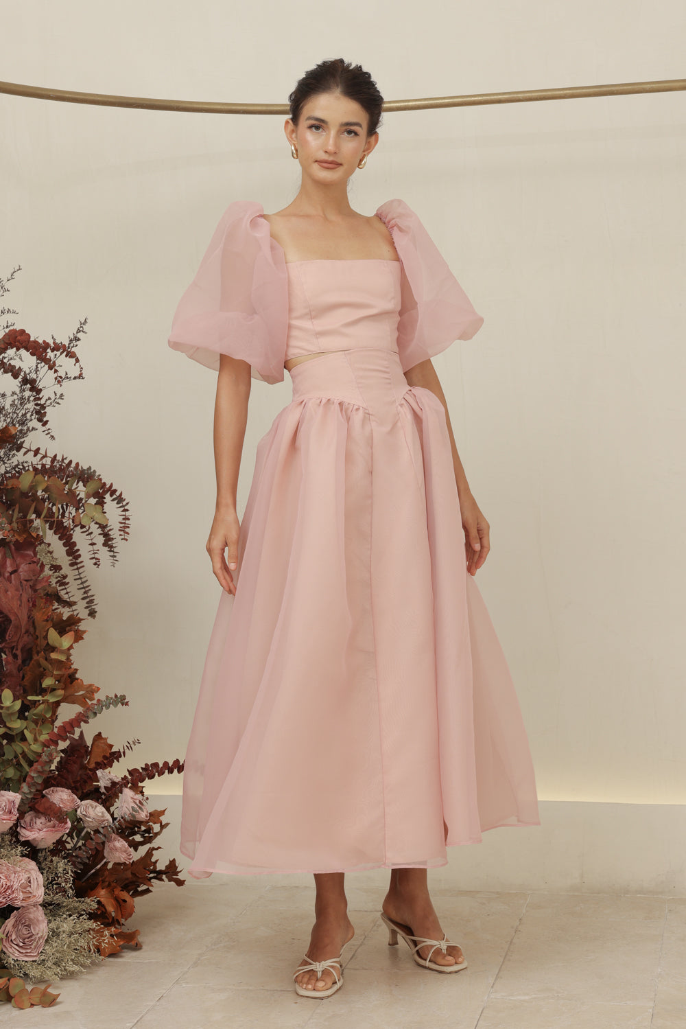 PERLA SET Puff Sleeve Top with Baroque Style High Waist Midi SkirT (Blush Matte Organdy)