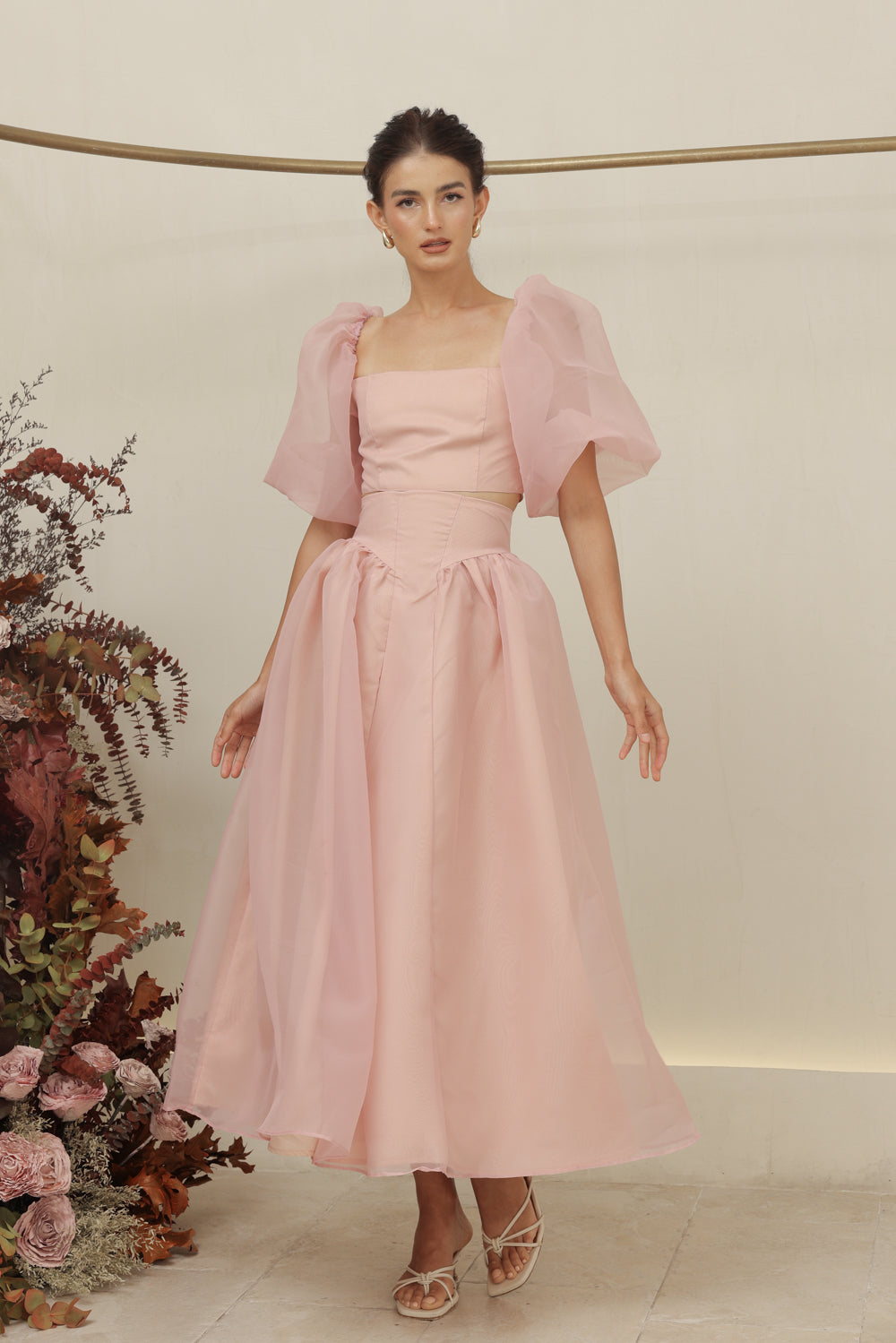 PERLA SET Puff Sleeve Top with Baroque Style High Waist Midi SkirT (Bl ...