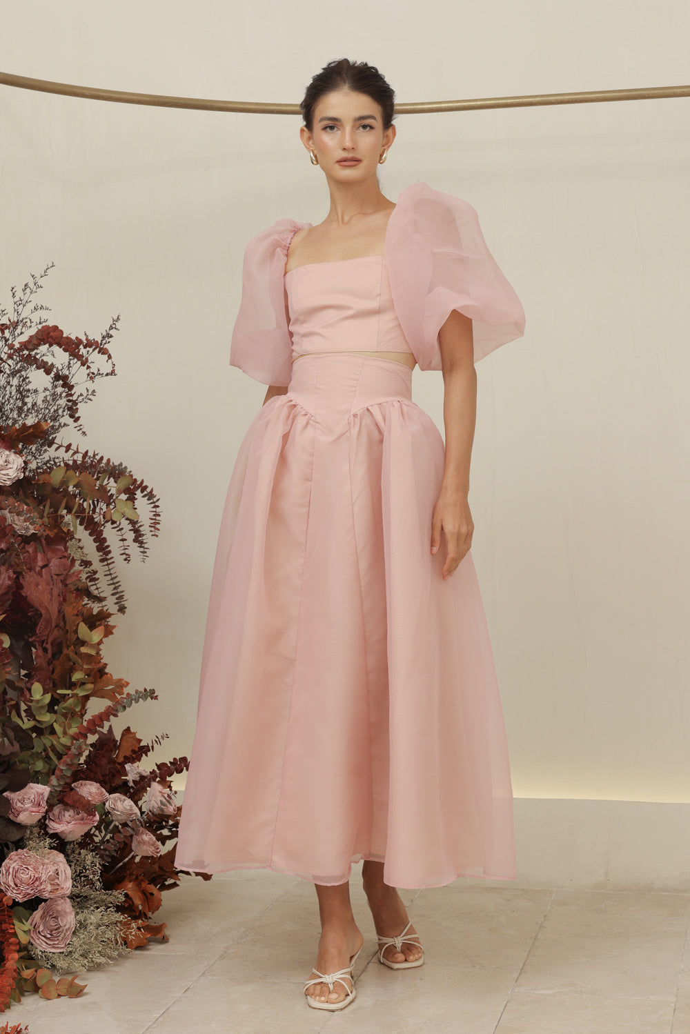 PERLA SET Puff Sleeve Top with Baroque Style High Waist Midi Skirt (Old Rose Organdy)