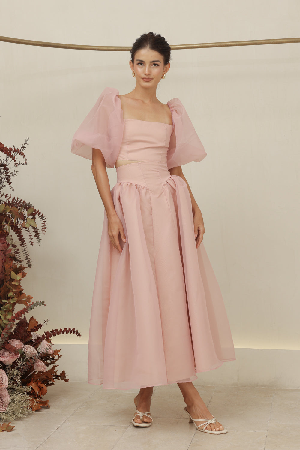 PERLA SET Puff Sleeve Top with Baroque Style High Waist Midi SkirT (Blush Matte Organdy)