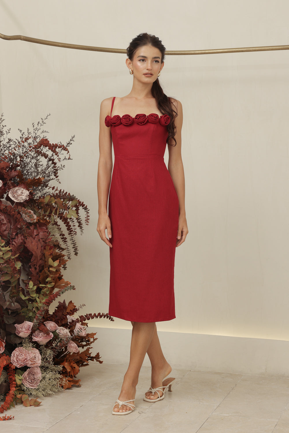 MONET DRESS Straight Neckline Strappy Midi Pencil Skirt Dress with Floral Details Maroon Linen