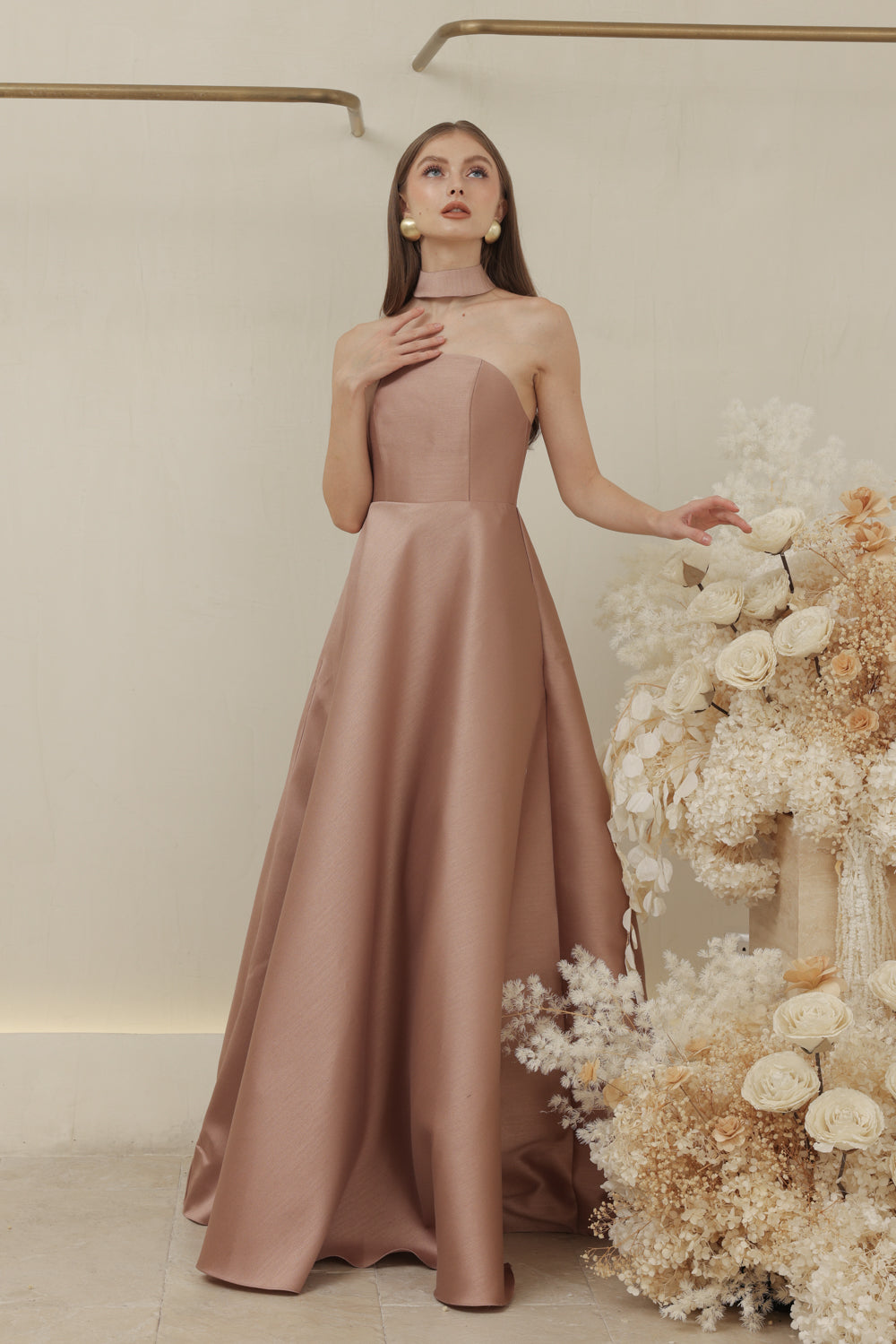 ALLURA DRESS Curved Neckline Long Gown with Trail and Covered Buttons (Taupe Gazaar)
