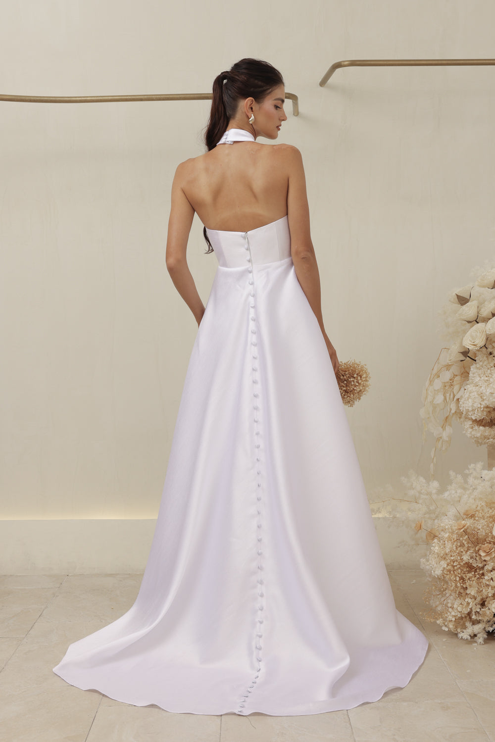 ALLURA DRESS Curved Neckline Long Gown with Trail and Covered Buttons (White Gazaar)