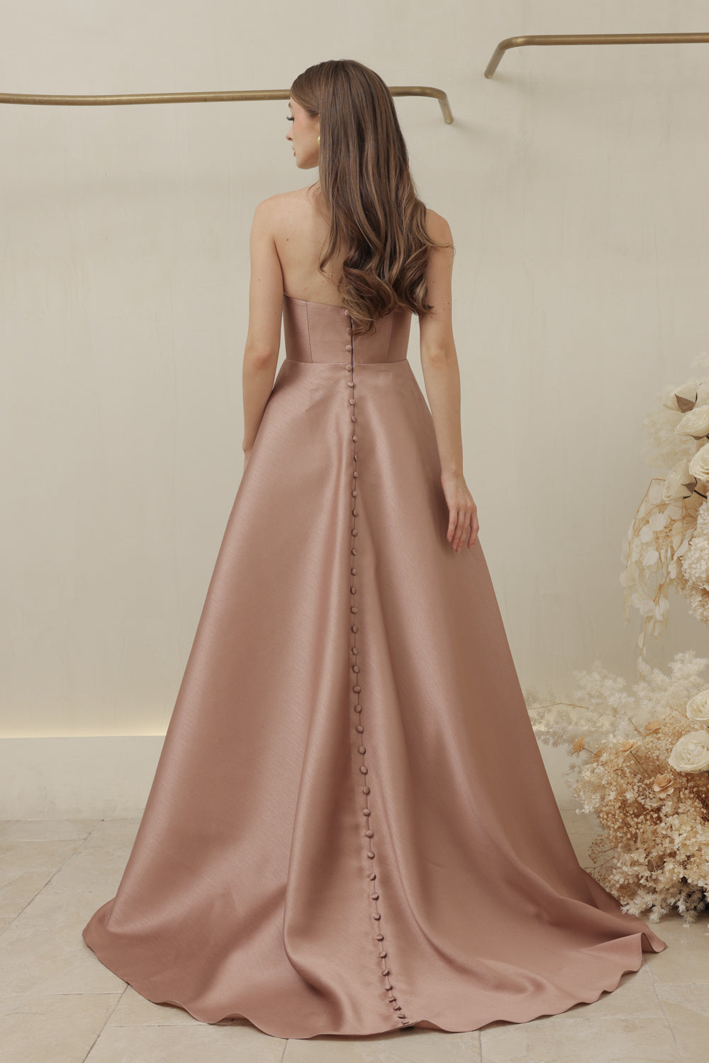 ALLURA DRESS Curved Neckline Long Gown with Trail and Covered Buttons (Taupe Gazaar)