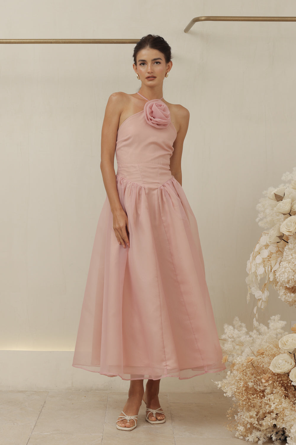 CELESTE Sleeveless Baroque Style Waist  Midi Dress with Floral Detail on Neckline (Blush Organza)