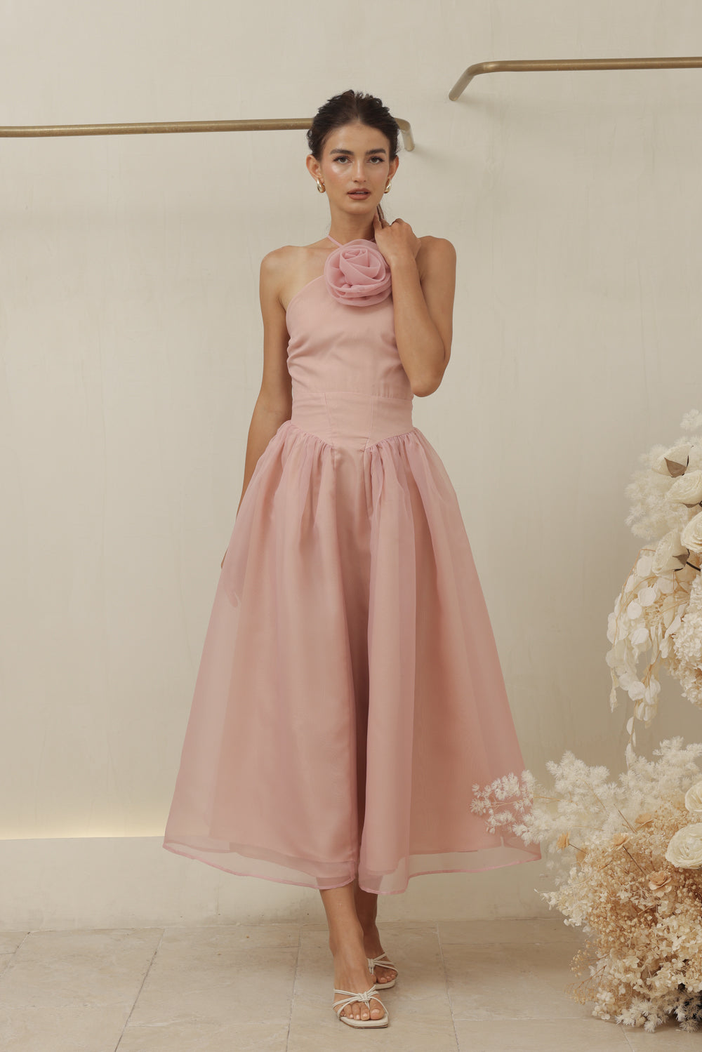 CELESTE Sleeveless Baroque Style Waist  Midi Dress with Floral Detail on Neckline (Old Rose Organza)