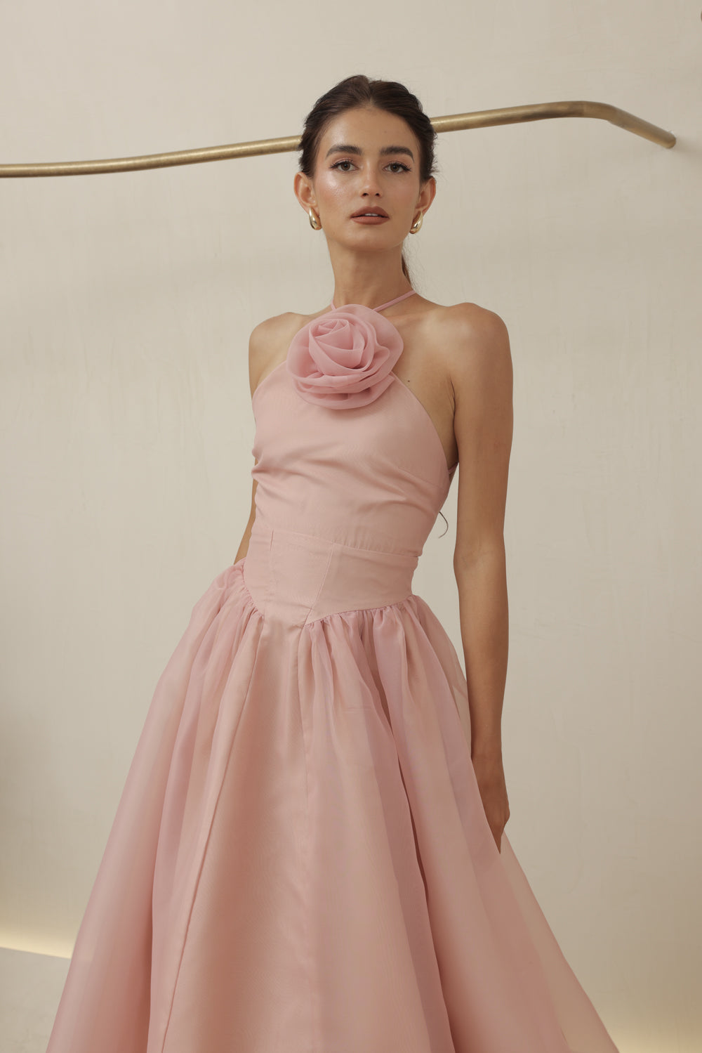 CELESTE Sleeveless Baroque Style Waist  Midi Dress with Floral Detail on Neckline (Blush Organza)