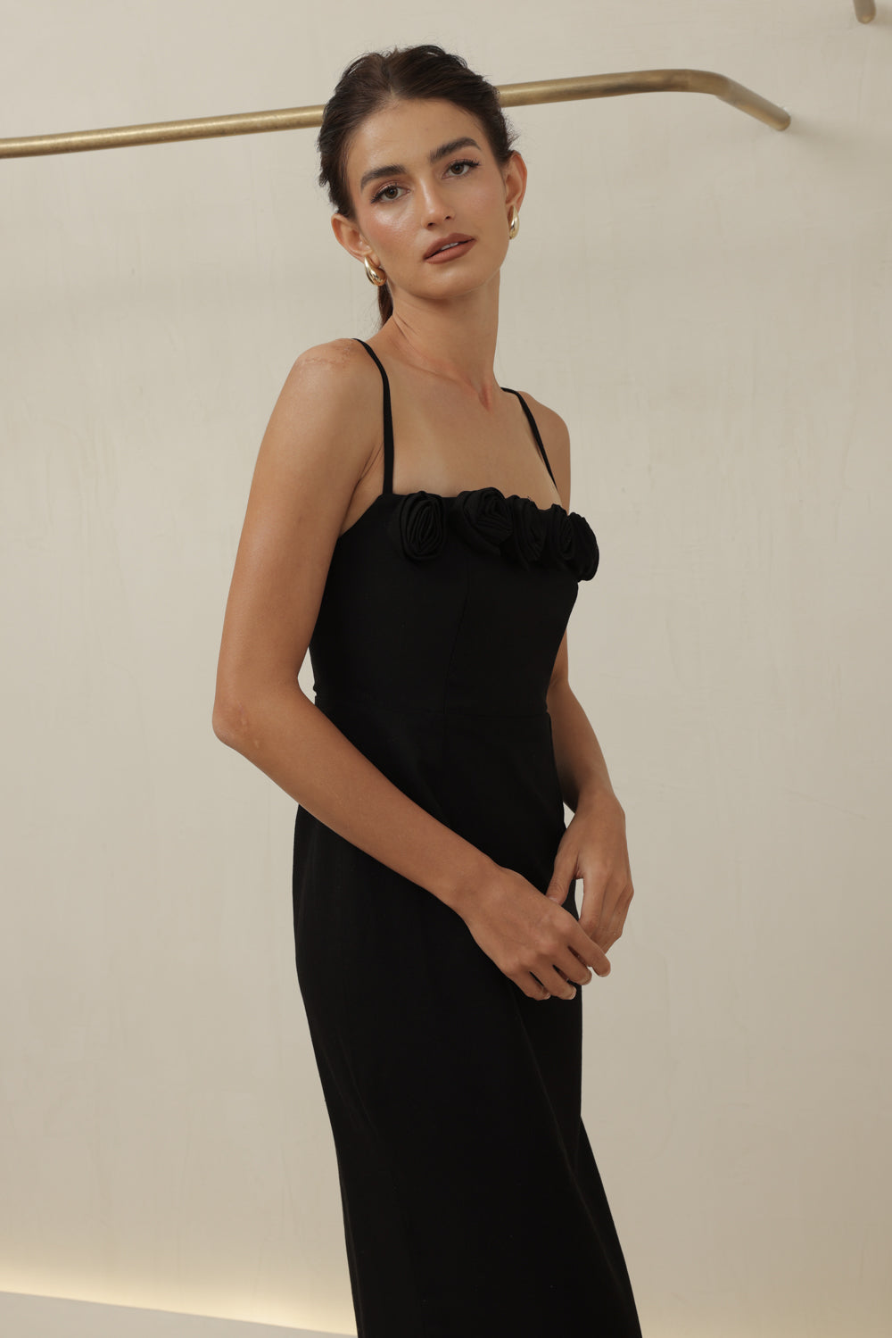 MONET DRESS Straight Neckline Strappy Midi Pencil Skirt Dress with Floral Details (Black Linen)