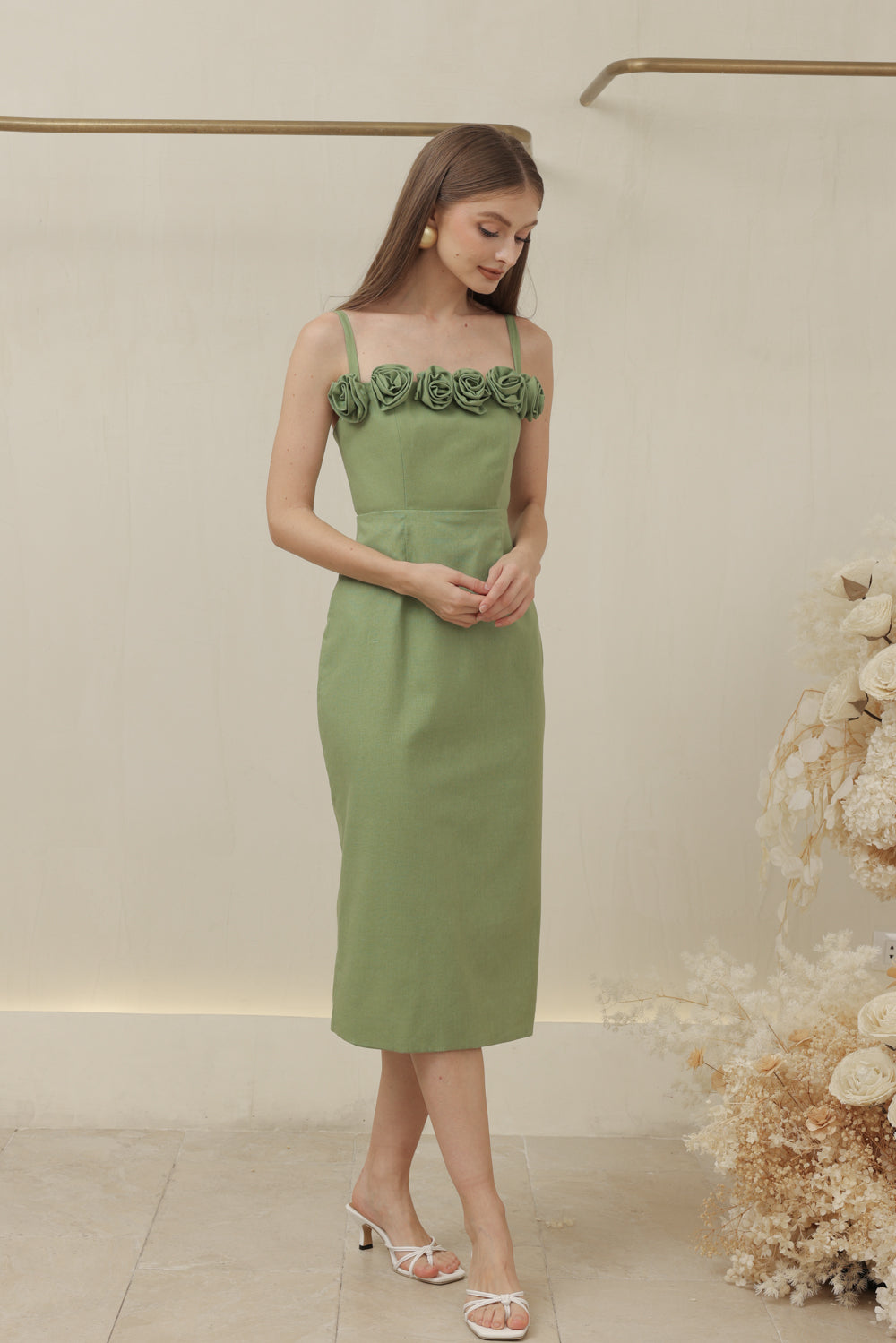 MONET DRESS Straight Neckline Strappy Midi Pencil Skirt Dress with Floral Details (Avocado Green Linen)