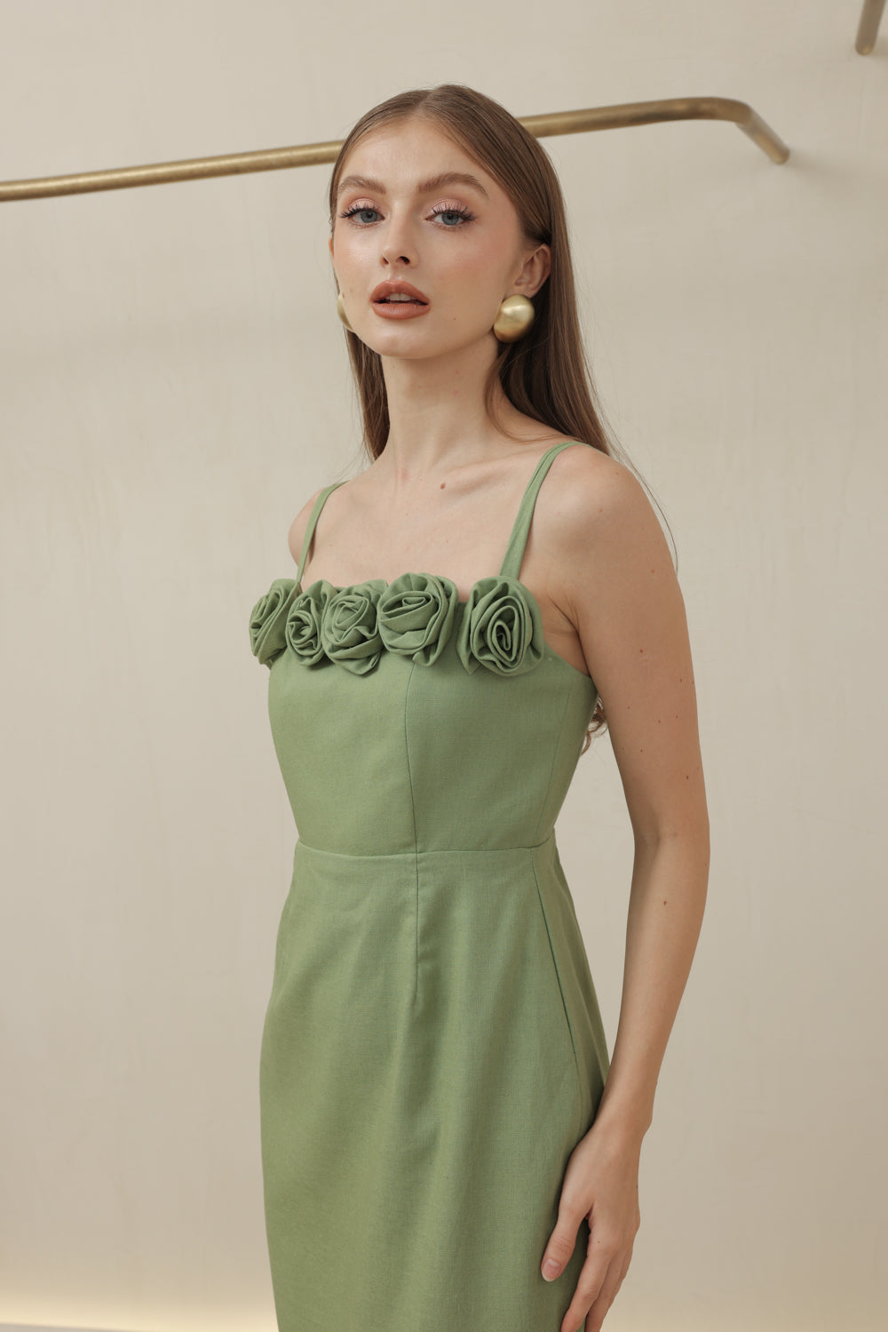 MONET DRESS Straight Neckline Strappy Midi Pencil Skirt Dress with Floral Details (Avocado Green Linen)