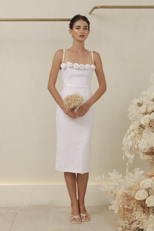 MONET DRESS Straight Neckline Strappy Midi Pencil Skirt Dress with Floral Details (White Linen)