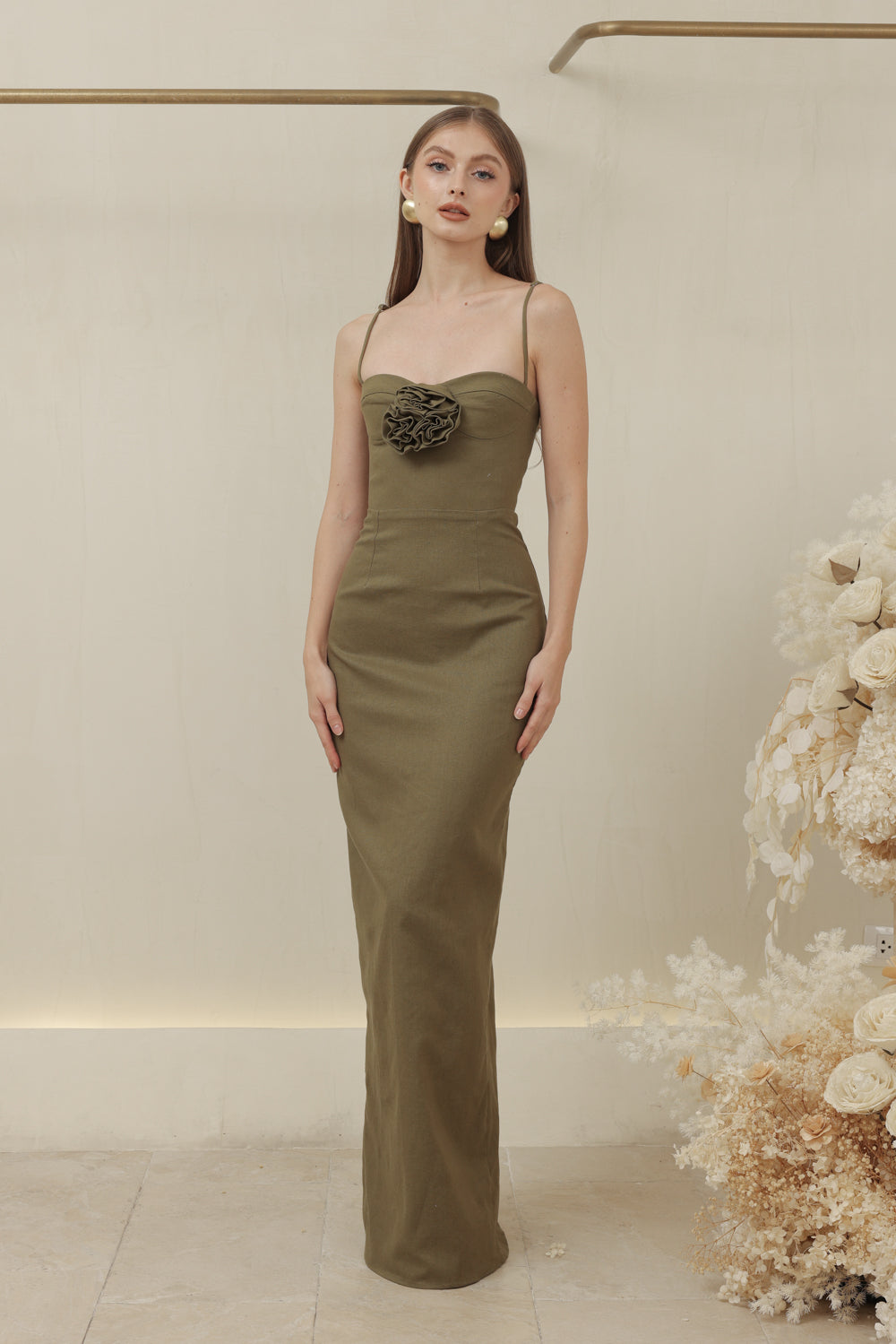 JULIETTE DRESS Strappy Pencil Skirt Maxi with Trio Floral Detail (Olive Linen)