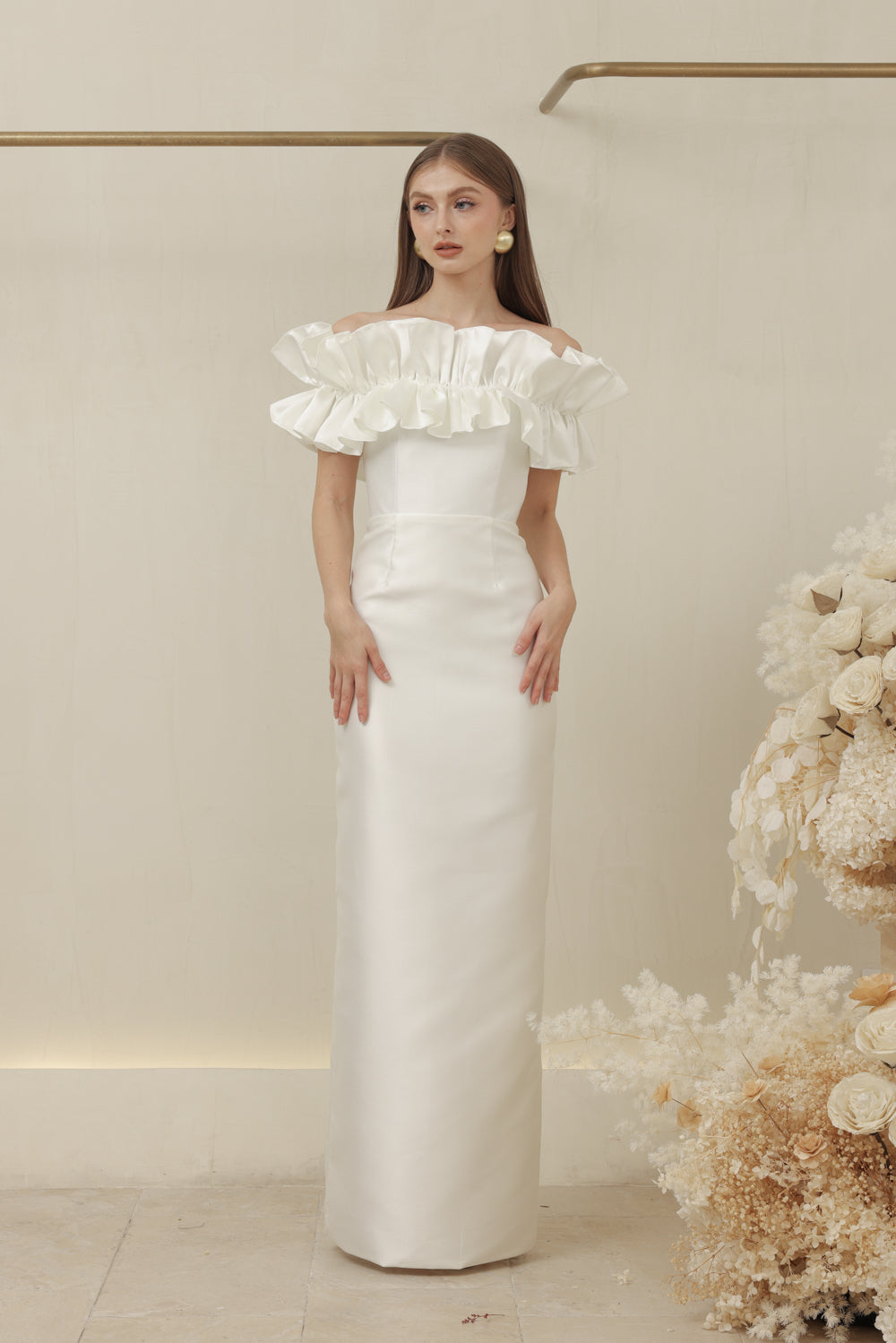 CLEMENTINE DRESS Off Shoulder Pencil Skirt Gown with Oversize Ruffle (Ivory White Dupioni)