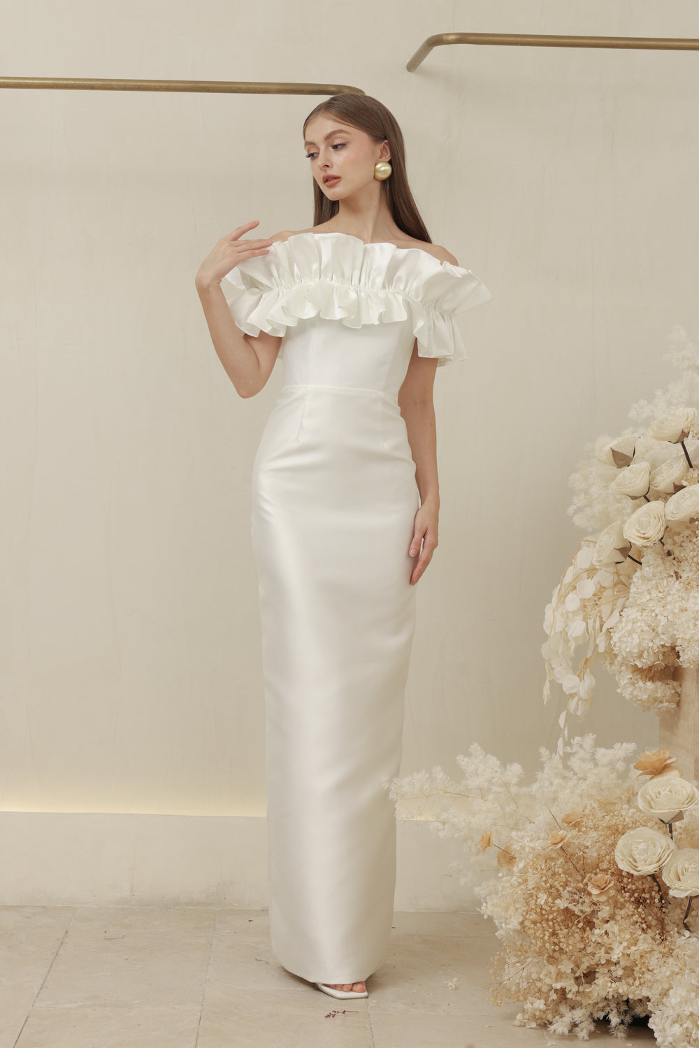 CLEMENTINE DRESS Off Shoulder Pencil Skirt Gown with Oversize Ruffle Ivory White Dupioni