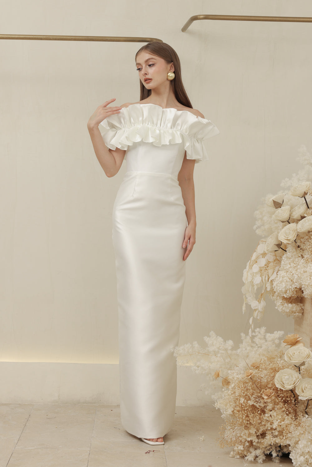 CLEMENTINE DRESS Off Shoulder Pencil Skirt Gown with Oversize Ruffle (Ivory White Dupioni)