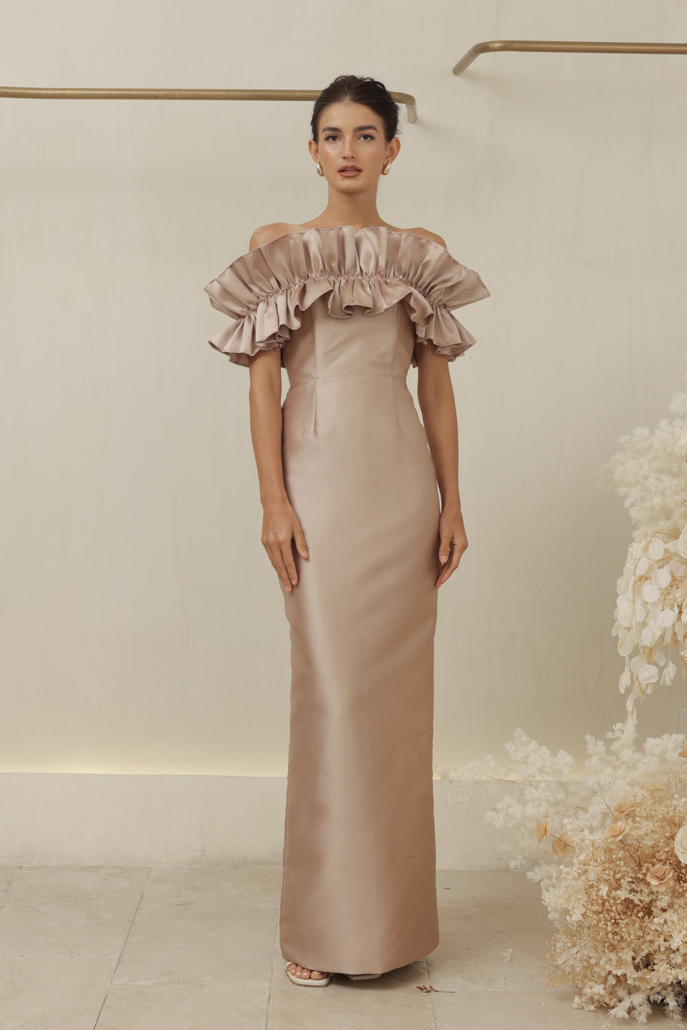 CLEMENTINE DRESS Off Shoulder Pencil Skirt Gown with Oversize Ruffle (Tan Dupioni)