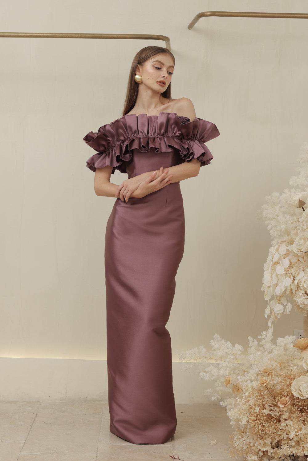 CLEMENTINE DRESS Off Shoulder Pencil Skirt Maxi Gown with Oversize Ruffle (Dark Mauve Dupioni)