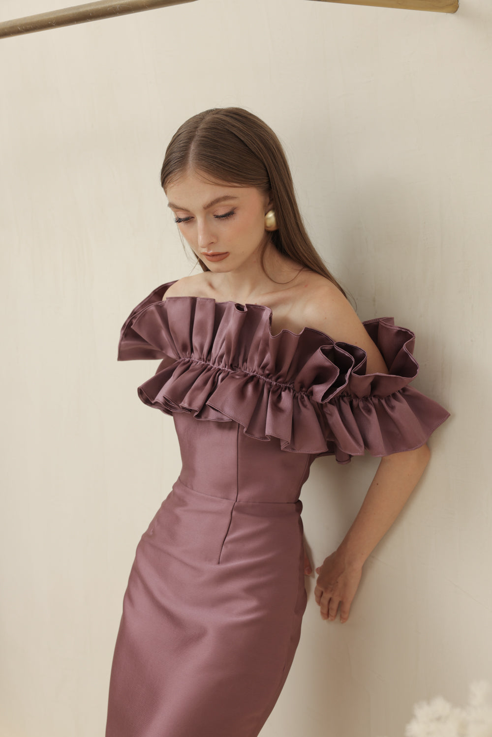 CLEMENTINE DRESS Off Shoulder Pencil Skirt Maxi Gown with Oversize Ruffle (Dark Mauve Dupioni)
