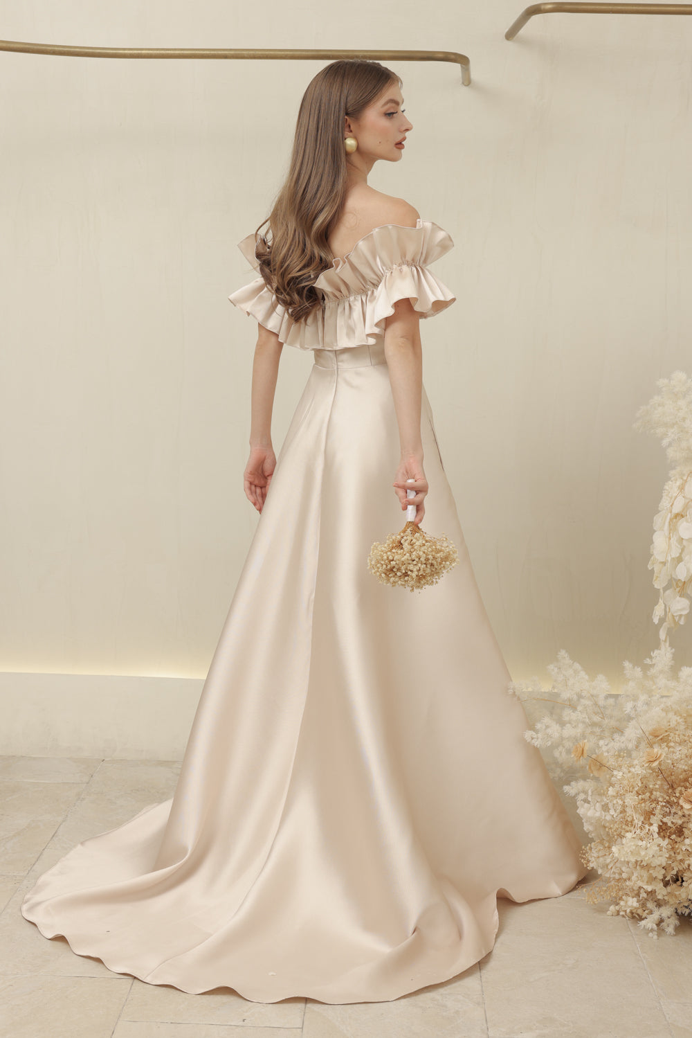 LUMIERE DRESS Off Shoulder Maxi Gown with Oversize Ruffle and Pockets (Nude Dupioni)