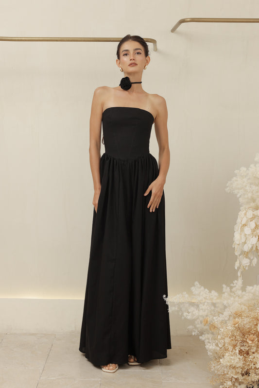 CAPUCINE DRESS Strapless Baroque Style Waist Maxi Dress with Floral Neckpiece (Black Linen)